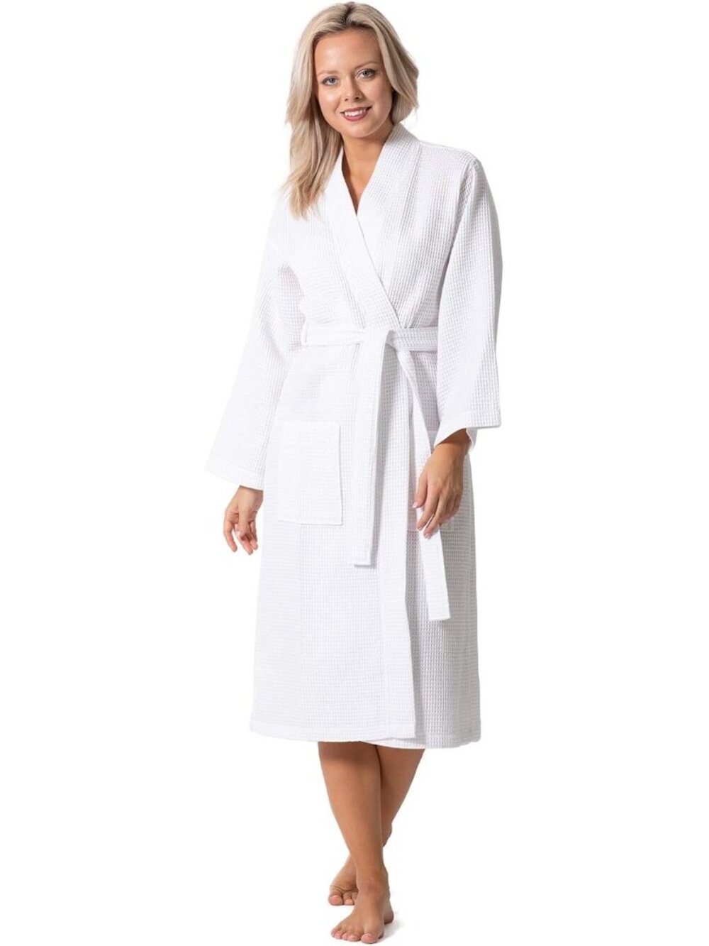 〽️Women's Bathrobe White Waffle Knit Long Sleeves Kimono Spa Quick Dry Soft Robe